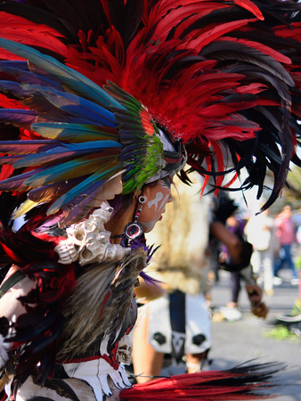 MEXICO, MEXICO - 01 DECEMBER 2017:  Portrait of the dancer performing traditional Aztec dances in...
