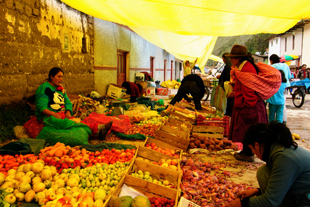 LA UNION, PERU - 05 FEBRUARY 2012: Peruvian Ethnic Woman in national clothes selling agricultural products and other food items on a market in the La Union cityのeditorial素材