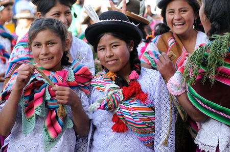 SUCRE, BOLIVIA - 10 SEPTEMBER 2011: Fiesta de la Virgen de Guadalupe in Sucre. Young participants in the dance parade in Sucreのeditorial素材