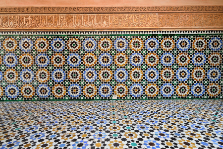 MARRAKESH, MOROCCO - 07 DECEMBER 2015: The interior courtyard of the 14th century Ben Youssef Madrasa or college in Marrakechのeditorial素材