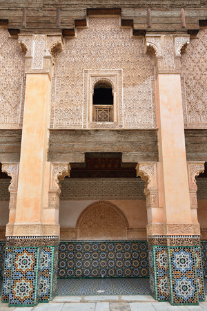 MARRAKESH, MOROCCO - 07 DECEMBER 2015: The interior courtyard of the 14th century Ben Youssef Madrasa or college in Marrakechのeditorial素材