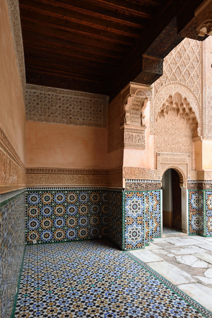 MARRAKESH, MOROCCO - 07 DECEMBER 2015: The interior courtyard of the 14th century Ben Youssef Madrasa or college in Marrakechのeditorial素材