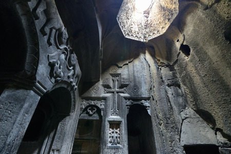 GARNI, ARMENIA - 24 AUGUST 2018: Geghard monastery near Yerevan is a medieval monastery in the Kotayk province of Armenia, being partially carved out of the adjacent mountainのeditorial素材