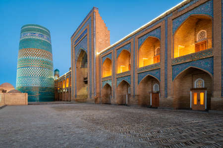 Khiva, Uzbekistan, Ancient monuments of Khiva of architectural pearl on the Silk Route, Kalta Minor minaret at nightのeditorial素材
