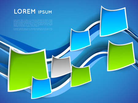abstract blue background with wave and paper tags, squaresのイラスト素材