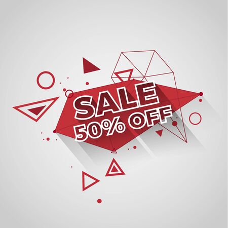 sale red polygonal crystal tag with abstract triangle elementsのイラスト素材