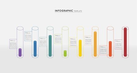 Timeline infographic presentation, colorful cylinders, icons, crystals. Company progress. Modern isometric designのイラスト素材