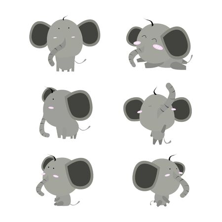 Set Funny cartoon baby elephants vector collection for kids stickers. Elephant funny character illustration. Isolated on white background illustration vector.のイラスト素材