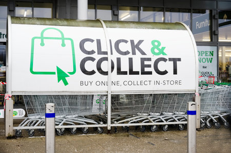 London, England, UK, January 9th 2021, Click and collect banner sign for shoppers