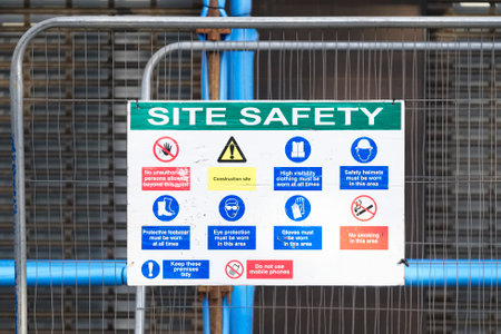 Construction site health and safety message rules sign board signage on fence boundaryの写真素材