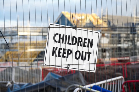 Childrenkeep out sign at construction building site safety signの写真素材