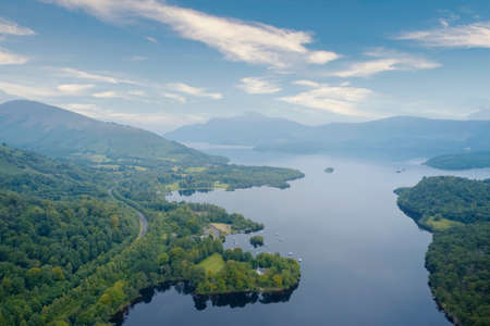 Loch Lomond aerial view during sunrise near Tarbetの写真素材