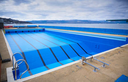 Outdoor open air swimming pool closing for maintenance in Gourockの写真素材