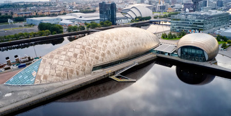 Glasgow, Scotland UK, August 24th 2019, Aerial view of Glasgow science centre, SECC and Hydro Area on the river Clyde waterfront at sunriseのeditorial素材