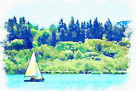 Yacht sailing on lake during summer seasonの写真素材