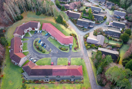 Luxury countryside rural village aerial view from above in Inchmarlo, Aberdeenshireの写真素材