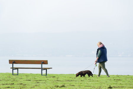 Helensburgh, UK, May 13th 2023, Single lady walking her dog alone in public parkのeditorial素材