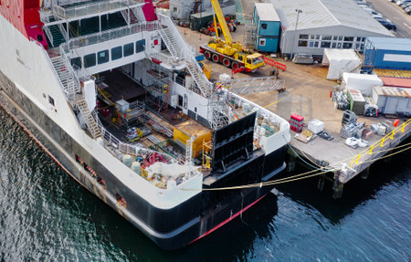 New ferry in construction in ship yard at Port Glasgow