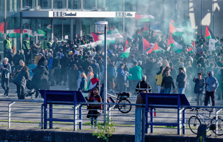 Glasgow, UK, October 14th 2023, Pro-Palestinian march and protest outside the BBC Scotland building during Israel and Gaza conflictのeditorial素材