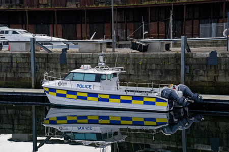 Greenock, UK, August 28th 2022, Police rescue boat moored at James Watt marinaのeditorial素材