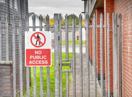 No public access sign on entrance gate to factoryの写真素材