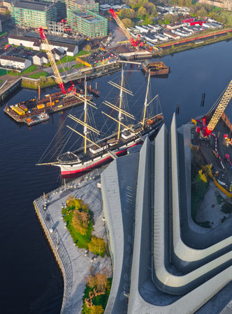 Glasgow, UK, April 15th 2023, Transport museum and tall ship on the River Clydeのeditorial素材