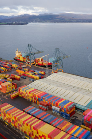 Greenock, UK, December 10th 2023, Storage containers ready for transportation of export goods from...