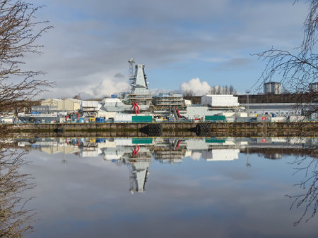 Glasgow, Scotland, Uk, February 24th 2024, HMS Glasgow warship frigate construction in progress at BAE Systems on the River Clyde UKのeditorial素材