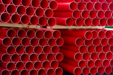 Plastic ducts stacked for underground cables at construction site