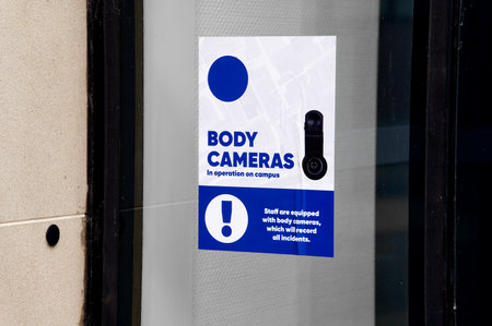 Body cameras in operation sign on university campusの写真素材
