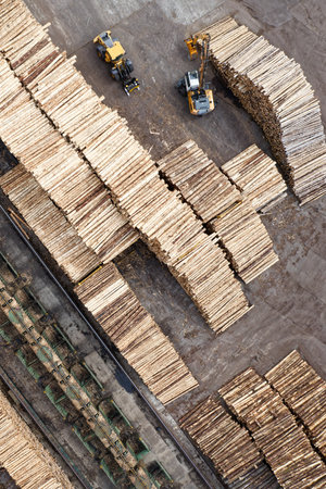 Sawmill with chopped wood logs stacked and machinery