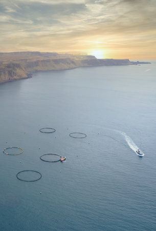Fish farm nets in ocean at the Isle of Skye in Scotland