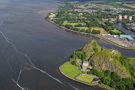 Dumbarton castle building on volcanic rock aerial view from above Scotlandの写真素材