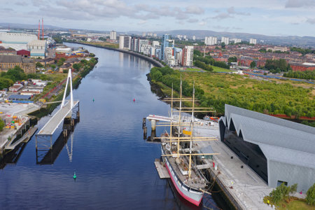 Govan to Partick foot and cycle bridge in construction over the River Clyde in Glasgowの写真素材