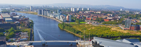 Govan to Partick pedestrian and cycle bridge over the River Clyde in Glasgow on day of completionの写真素材