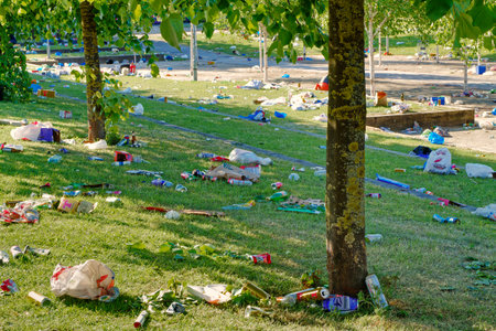 Glasgow, UK, Mat 23rd 2025, Rubbish left in public park following football win celebrationsの写真素材