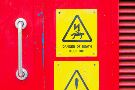 High voltage yellow danger sign on boiler room doorの写真素材