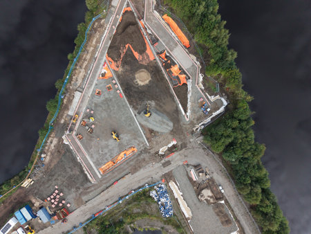 Construction building site aerial view showing materials