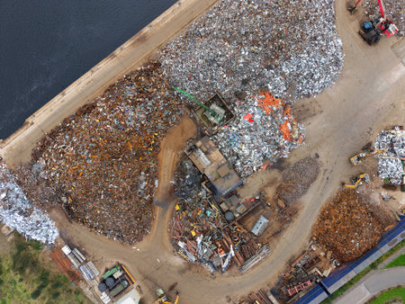 Scrap metal recycling compound viewed from aboveの写真素材
