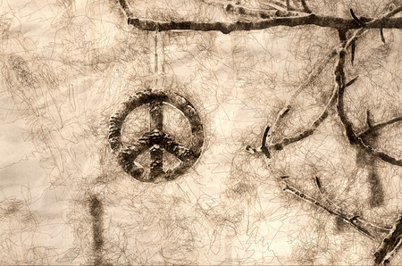 Sketch of a Frozen Peace Sign Hanging Alone in the Winter Forestの写真素材