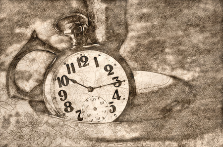 Sketch of a Vintage Golden Pocket Watch Resting in a Brass Candlestick Holderの写真素材