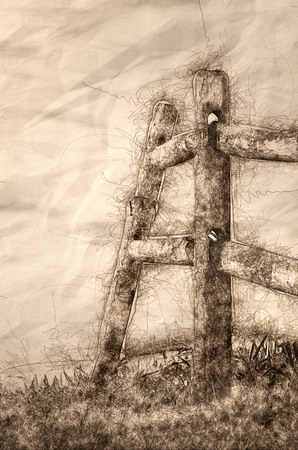 Sketch of a Wooden Rail Fence on a Foggy Spring Morningの写真素材