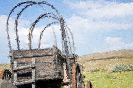 Impressionistic Style Artwork of a Covered Wagon Facing the Road Aheadの写真素材