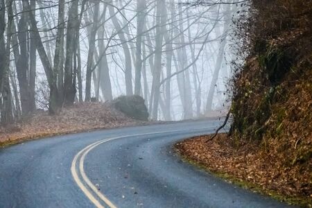 Roadway Meandering Through a Foggy Appalachian Morning Along the Blue Ridge Parkwayの写真素材