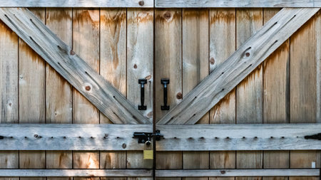 Textured Symmetric Design of a Wooden Shed Doorの写真素材