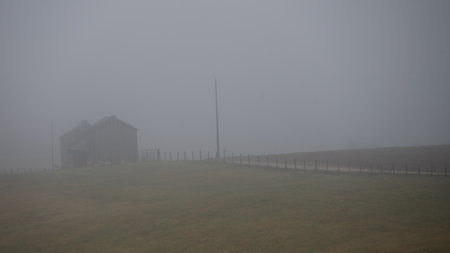 Country Road Enveloped in the Silent Early Morning Winter Fogの写真素材