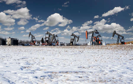 A group of oil pump jacks working on an oil field on the Alberta prairies supplying natural resources for the Canadian oil and gas sector.の写真素材