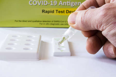 Calgary Alberta Canada, January 09 2022: A Rapid Response rapid rest kit in the process of testing...