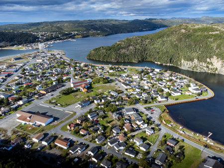 Placentia Newfoundland Canada, September 19 2022: Aerial Newfoundland town and popular landmarks with community heritage church.のeditorial素材