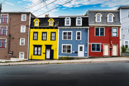 St. John's Newfoundland Canada, September 24 2022: Colourful Jelly bean homes painted in different colours at a harbour city in Atlantic Canada.のeditorial素材
